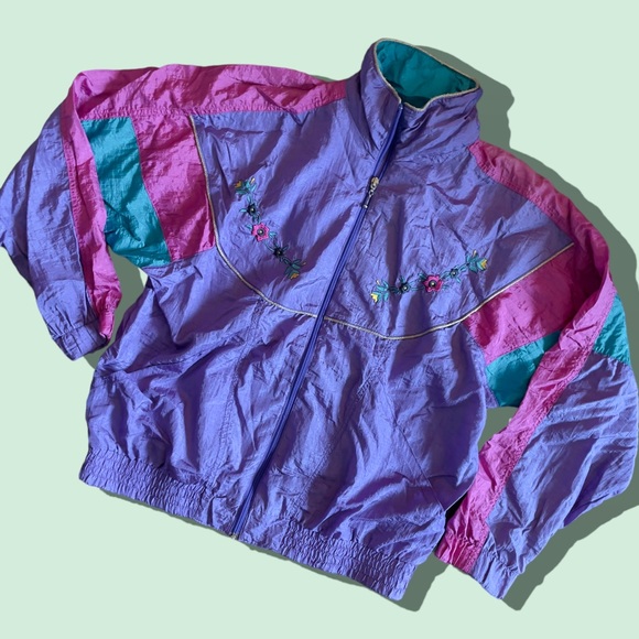 ‼️SOLD‼️Vintage Color Block Windbreaker Zip Up M Floral Embroidery Multicolor - Picture 4 of 7